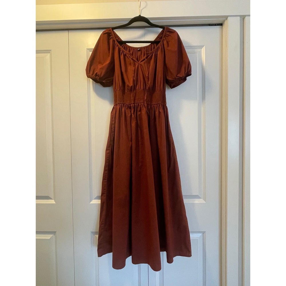 Uniqlo Midi Dress Puff Sleeve Smocked Waist Cottagecore Prairie Brown Rust Large
